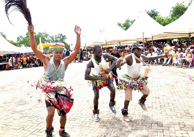 Members of the Loso Community performing a dance at the durbar. 